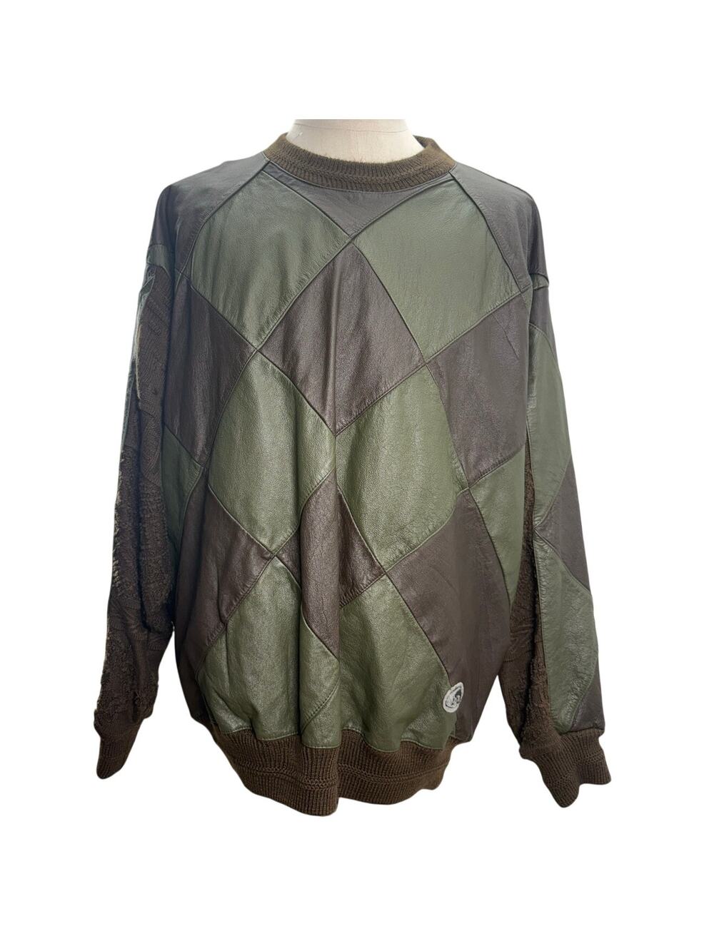 Vintage 80s Men's XL Patchwork Knit Sweater Blue Green Trutus Biancarra